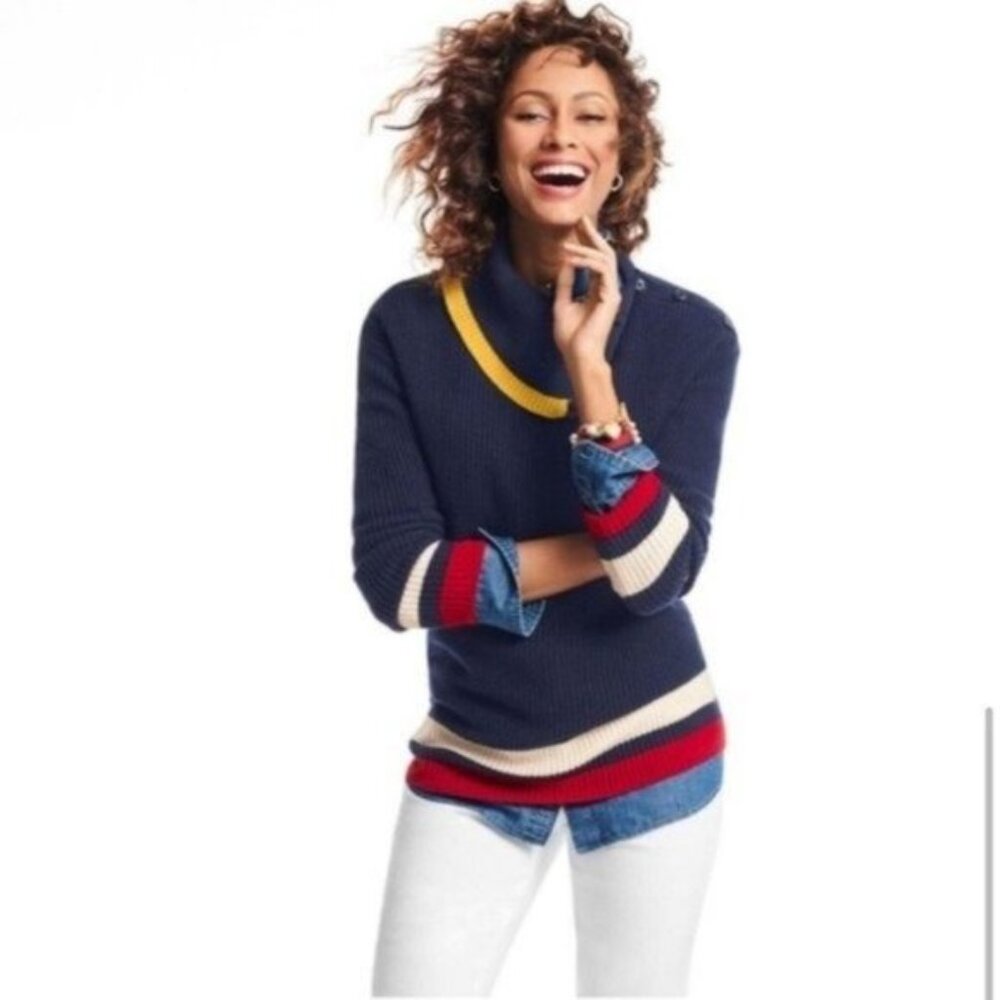 Talbots Knit Pullover Spliced Cowlneck Sweater Colorblocked